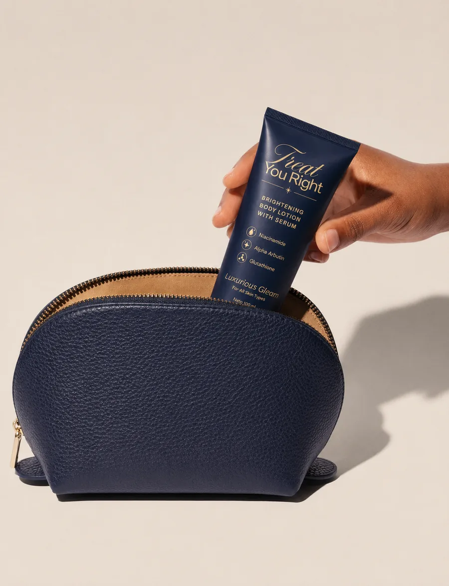 Body Lotion with Serum Treat You Right dimasukkan ke dalam pouch kulit navy untuk dibawa bepergian.