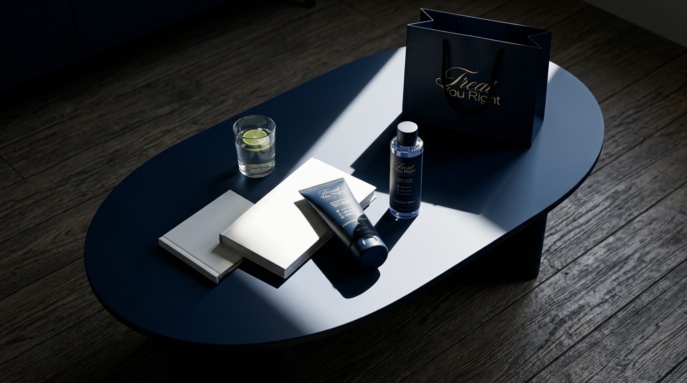 Body Lotion with Serum dan Body Toner Treat You Right di atas meja navy bersama tas belanja berlogo emas, disinari cahaya sore.