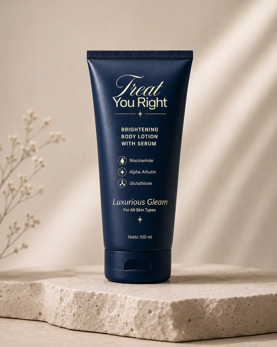 Kemasan Body Lotion with Serum Treat You Right 100 ml berwarna navy.