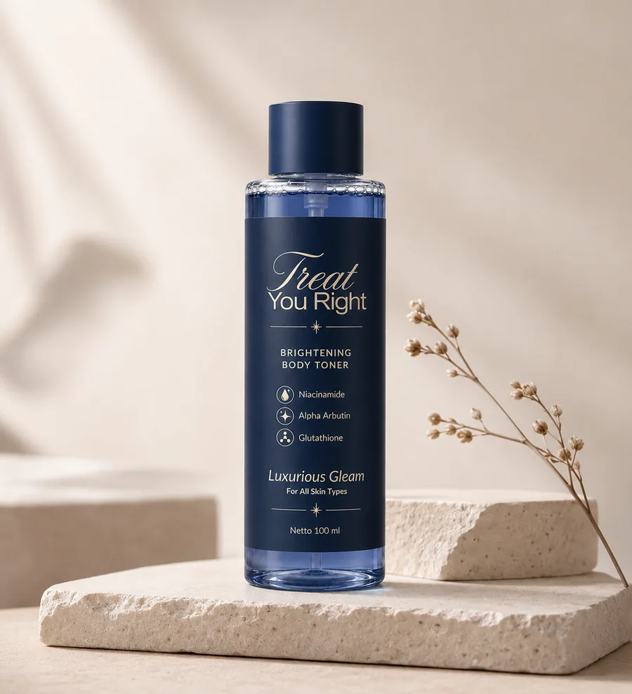Botol Brightening Body Toner Treat You Right 100 ml berdiri di atas batu travertine dengan latar krem.