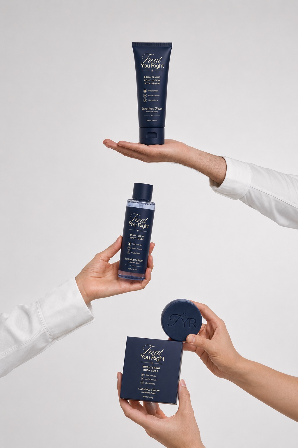 Tiga tangan memegang Body Lotion with Serum, Body Toner, dan kotak Body Soap Treat You Right dengan latar putih bersih.